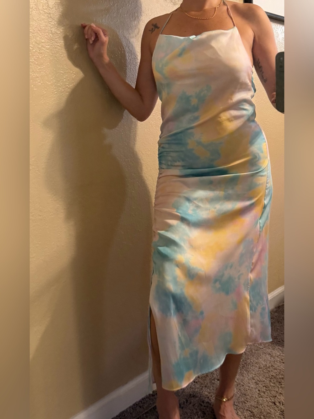 Zara Pastel Tie-Dye Satin High-Low Dress - Blue/Yellow/Pink
